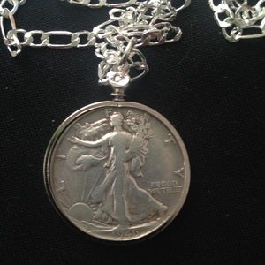1946 Silver Half Dollar Coin, 18in 925 Chain